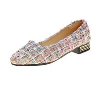 Xbemkste Zapatos de verano para mujer con punta puntiaguda, tacón grueso, zapatos de moda con boca plana, zapatos casuales a juego de tela, bailarinas para mujer con tiras, Blanco, 40 EU