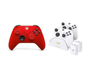Xbox Wireless Controller - Pulse Red | Rojo Latido+Venom Base de carga doble con 2 paquetes de baterías recargables - blanco Series X y S One