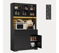 Xbro Armario Cocina Alto con LED y Enchufe, Mueble Auxiliar Cocina con Vitrina 6 Puertas 2 Cajones, Ideal para la Cocina, el Comedor y el salón, 100x38,5x180 cm