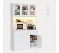 Xbro Armario Cocina Alto con LED y Enchufe, Mueble Auxiliar Cocina con Vitrina 6 Puertas 2 Cajones, Ideal para la Cocina, el Comedor y el salón, 100x38,5x180 cm
