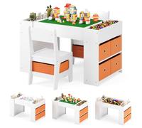 Xbro Mesa y Sillas Infantiles, Mesa con Bloques y 2 Sillas, Niños Mesa con Reversible y 4 Cajeros de Tela Laterales, Set de Muebles Infantil, Blanco