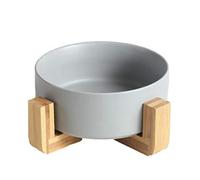Xbsduih Cuenco redondo de cerámica para perros y gatos, plato elevado para agua y duradero para mascotas, con soporte de madera, cuenco con soporte B