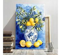 XBTYKPB Bodegón de limones, jarrón de porcelana azul y blanca, lienzo con impresión de acuarela, arte de pared, póster decorativo de arte retro (50 x 75 cm/marco interior)