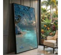XBTYKPB Cuadro de árbol de flores azules con columpio, arte de escena de playa serena, paisaje crepuscular mágico, decoración en lienzo de naturaleza costera (70 x 130 cm/sin marco)