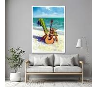 XBTYKPB Cuadro de guitarra playera sobre lienzo, escena costera con guitarra acústica y silla, arte mural oceánico para pósteres musicales (50x75cm/sin marco)