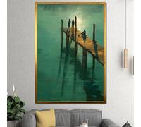 XBTYKPB Cuadro minimalista de un muelle junto al lago: arte mural de una puesta de sol serena con siluetas, decoración tranquila, lienzo con mensaje para el hogar (50x75cm/marco interior).