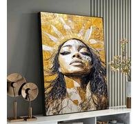 XBTYKPB Cuadro Sol Dorado, retrato abstracto femenino, lienzo con textura dorada, pintura de mujer, decoración de pared con diseño de rayos de sol, empoderamiento (21x30cm/marco interior)