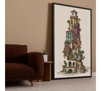 XBTYKPB Cuadro vertical de un pueblo mediterráneo con torre colorida, arte arquitectónico para pared, ilustración de edificios, pintura para decoración del hogar (21x30cm/marco interior).