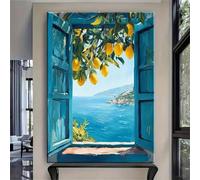 XBTYKPB Cuadros de arte de pared con vista de ventana mediterránea, impresiones de limoneros costeros, pinturas en lienzo, pósteres costeros de estética azul, 80 x 120 cm, sin marco