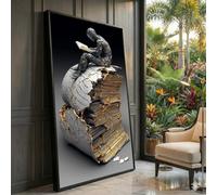 XBTYKPB Escultura de libro agrietado, arte abstracto de lectura humana, decoración de pared literaria, arte con vetas doradas, lienzo, pintura única (70 x 130 cm/marco interior)