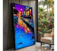 XBTYKPB Lienzo con escena nocturna urbana, reflejo de una calle lluviosa, decoración urbana colorida, pósteres de arte abstracto moderno (60 x 105 cm/marco interior)
