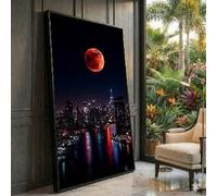 XBTYKPB Lienzo con luna sobre el horizonte de la ciudad, arte mural de paisaje nocturno, lienzo urbano nocturno, decoración de eclipse lunar, pintura de paisaje urbano (80 x 150 cm/sin marco)