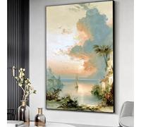 XBTYKPB Lienzo con una serena puesta de sol costera, velero en mar en calma, arte mural vintage de paisaje marino, lienzo con palmeras, decoración náutica para el hogar (30x40cm/sin marco)