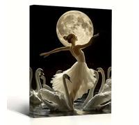 XBTYKPB Lienzo de bailarina y cisnes a la luz de la luna, escena nocturna con luna llena, tutú blanco y encaje negro, para pintar en la cocina (50 x 75 cm/sin marco)