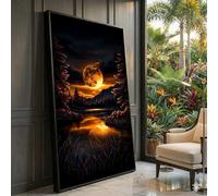 XBTYKPB Lienzo de luna llena brillante sobre un lago de montaña, reflejo de bosque nocturno, decoración de paisaje natural, atardecer naranja (21 x 30 cm/sin marco)