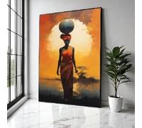 XBTYKPB Lienzo de mujer africana con maceta, silueta al atardecer, decoración étnica para el hogar, paisaje naranja, imágenes tribales, impresión (50 x 75 cm/sin marco)