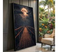 XBTYKPB Lienzo de puente forestal, arte mural de noche de luna llena, pintura de paisaje místico, decoración rústica de camino de madera, lienzo natural (60 x 105 cm/marco interior)