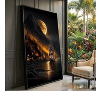 XBTYKPB Lienzo de un puerto místico iluminado por la luna, velero, paisaje nocturno, escena de pueblo de montaña, reflejo de agua (55 x 100 cm/sin marco)