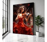 XBTYKPB Lienzo de violinista con vestido rojo fluido, arte mural de instrumentos musicales, decoración de música clásica, decoración romántica del hogar, pintura (30 x 40 cm/marco interior)