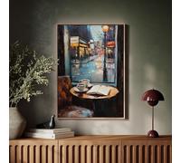 XBTYKPB Lienzo decorativo con escena de ventana de cafetería lluviosa en la ciudad: arte acogedor con libro abierto, reflejos de luces de la calle, pósteres impresos (21 x 30 cm/sin marco)