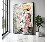 XBTYKPB Lienzo decorativo de mujer con kimono, cerezos en flor y pájaros azules, decoración de inspiración asiática, pintura, decoración del hogar, impresiones (60 x 90 cm/sin marco)