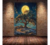 XBTYKPB Lienzo impreso en póster, Árbol bajo una luna amarilla gigante por la noche, imágenes estéticas divertidas y misteriosas, pósteres pintados (50x70cm/sin marco)