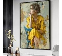 XBTYKPB Mujer pensativa con vestido amarillo, retrato abstracto sobre lienzo, pintura figurativa, decoración del hogar, obra de arte lista para colgar (40x60cm/sin marco).