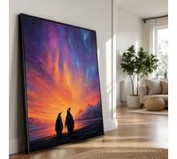 XBTYKPB Pingüinos al atardecer, lienzo de cielo colorido, paisaje nórdico, pintura de vida silvestre, decoración natural para el hogar (21 x 30 cm/sin marco)