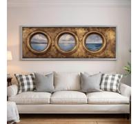 XBTYKPB Pintura de paisaje marino con ojo de buey, lienzo ancho, arte largo y estrecho, decoración náutica de gran tamaño, ventana de ilusión, arte de pared costero (30 x 90 cm/sin marco)