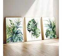 XBTYKPB Pinturas de acuarela de hojas tropicales, lienzos, pósteres de plantas, pinturas de plantas tropicales de monstera, arte mural, 20 x 35 cm, con marco
