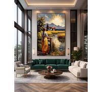 XBTYKPB Pósteres de chica campestre junto al río, impresiones artísticas de pared, escena de paisaje de cabaña, decoración de granja, impresión en lienzo bohemio de 80 x 120 cm sin marco
