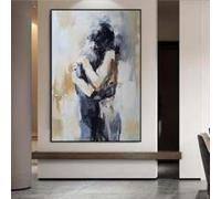 XBTYKPB Pósteres e impresiones de lienzo minimalistas con diseño de abrazo abstracto en blanco, negro, gris y amarillo para decoración de dormitorio, pintura al óleo, marco de 60 x 80 cm