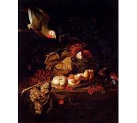 XcBAIHOUD Lienzo con Imagen Natura morta con uva pesca tagliata a metà e ciliegie appoggiate su un tavolo con un pappagallo - Jakob Bogdany para la Decoración del Hogar de la Oficina 60x90cm