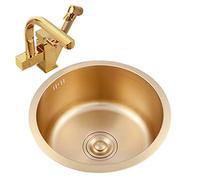 XCHSXYL Fregadero de Cocina de Acero Inoxidable 304, Redondo, Dorado Cepillado, de un Solo tazón con Grifo, instalación empotrada o bajo encimera, Ideal para Uso en Barra y cocin