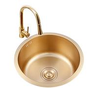 XCHSXYL Fregadero de Cocina de Acero Inoxidable 304, Redondo, Dorado Cepillado, de un Solo tazón con Grifo, instalación empotrada o bajo encimera, Ideal para Uso en Barra y cocin