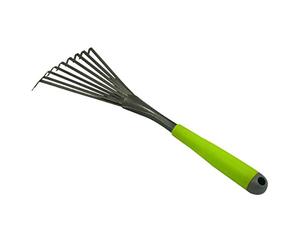 Xclou Escoba pequeña en color negro, rastrillo pulverizado con martillo de plata, rastrillo pequeño con mango que se adapta a la forma, herramienta de jardín con 9 dientes planos de acero para resortes, Rastrillo de hojas inoxidable.