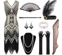XCMVCN 12 Piezas Vestido Años 20 Charleston V - Neck Lentejuelas con Borlas de Perlas Vestido, Charleston Dress Year con Accesorios de Ropa de Carnaval de Los Años 20 (Negro + Oro,S)