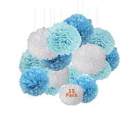 XCOZU 15 Piezas Pompones de Papel Seda, Flores Pompon Papel Seda de Colores Adecuado para Carnaval, Cumpleaños, Boda, Navideñas, Festa dei Bambini Decoracion, Azul y Blanco