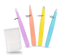 XCOZU Juego de 4 Pinzas Profesionales de Precisión para Cejas para Mujeres y Hombres, Pinzas Inclinadas y Puntiagudas, Pinzas para Depilación Encarnada con Funda de Cuero
