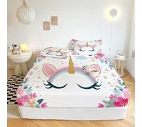 XCQHZYQ Sabanas Bajeras 150x190 cm Ajustables Flores De Unicornio De Dibujos Animados Sabana Bajera Suave Cómodo Cama 150, Sábana Bajera para Colchón de hasta 30cm de Alto, Lavable a Máquina