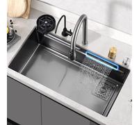 XCSCUK Fregadero de Cocina en Cascada Oculto, estación de Trabajo con Fregadero Incorporado, Fregadero de Cocina de un Solo tazón, para Bar en casa (Black Gray(2) 82 * 46cm)