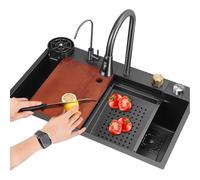 XCSCUK Fregadero de Cocina, estación de Trabajo de Fregadero de Cocina de Bar, Fregadero de Acero Inoxidable, Grifo extraíble de Lluvia en Cascada, Adecuado para Cocina, balcón, Bar (85 * 45CM)