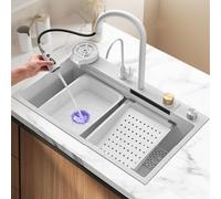 XCSCUK Fregadero de Cocina, Fregadero de Acero Inoxidable Nano para estación de Trabajo, con Grifo en Cascada, Apto para Cocina, balcón, Bar (80x45CM)