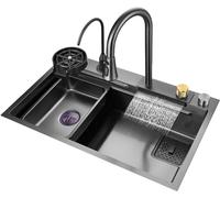 XCSCUK Fregadero de Cocina, Fregadero de Cascada de Lluvia voladora para el hogar, estación de Trabajo de un Solo tazón, Grifo extraíble de Lluvia con Mosca, para Cocina, balcón, Bar (B)