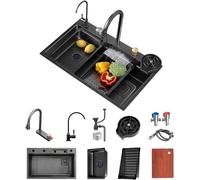 XCSCUK Fregadero de Cocina, Fregadero de estación de Trabajo de Granja, Fregadero en Cascada, con lavavasos, dispensador de jabón y Drenaje de Control de mostrador (75 * 45cm)