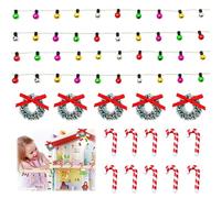XCSJ 16 piezas decoración navideña para casa de muñecas, cadena de luces de duendes en miniatura, adornos navideños bastones de caramelo retorcidos, mini corona de Navidad para decoración de casa de