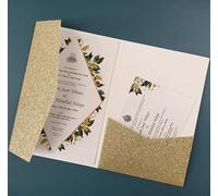 XCTDSVAH Invitaciones Boda Kit de 50 tarjetas invitación boda triples cortadas con láser rosa, sobre bolsillo(Champagne glitter,Cover and envelope)