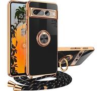 XCYYOO Funda Google Pixel 8 Pro con Cuerda Silicona Antigolpes Carcasa con Correa Colgante Ajustable Collar Correa de Cuello Cadena Cordón Funda Google Pixel 8 Pro con 360° Anillo Soporte- Negro