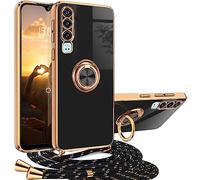 XCYYOO Funda Huawei P30 con Cuerda TPU Silicona Antigolpes Carcasa con Correa Colgante Ajustable Collar Correa de Cuello Cadena Cordón Funda Huawei P30 con 360° Anillo Soporte- Negro