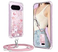 XCYYOO Funda para Google Pixel 10/10 Pro con Cuerda, Liquida Fundas Google 10/10 Pro con Colgante Ajustable Collar Carcasa Transparente Silicona TPU Brillante Antigolpes Protector Case - Rosa
